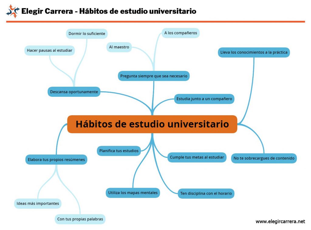 Mapa mental de hábitos de estudio universitario.