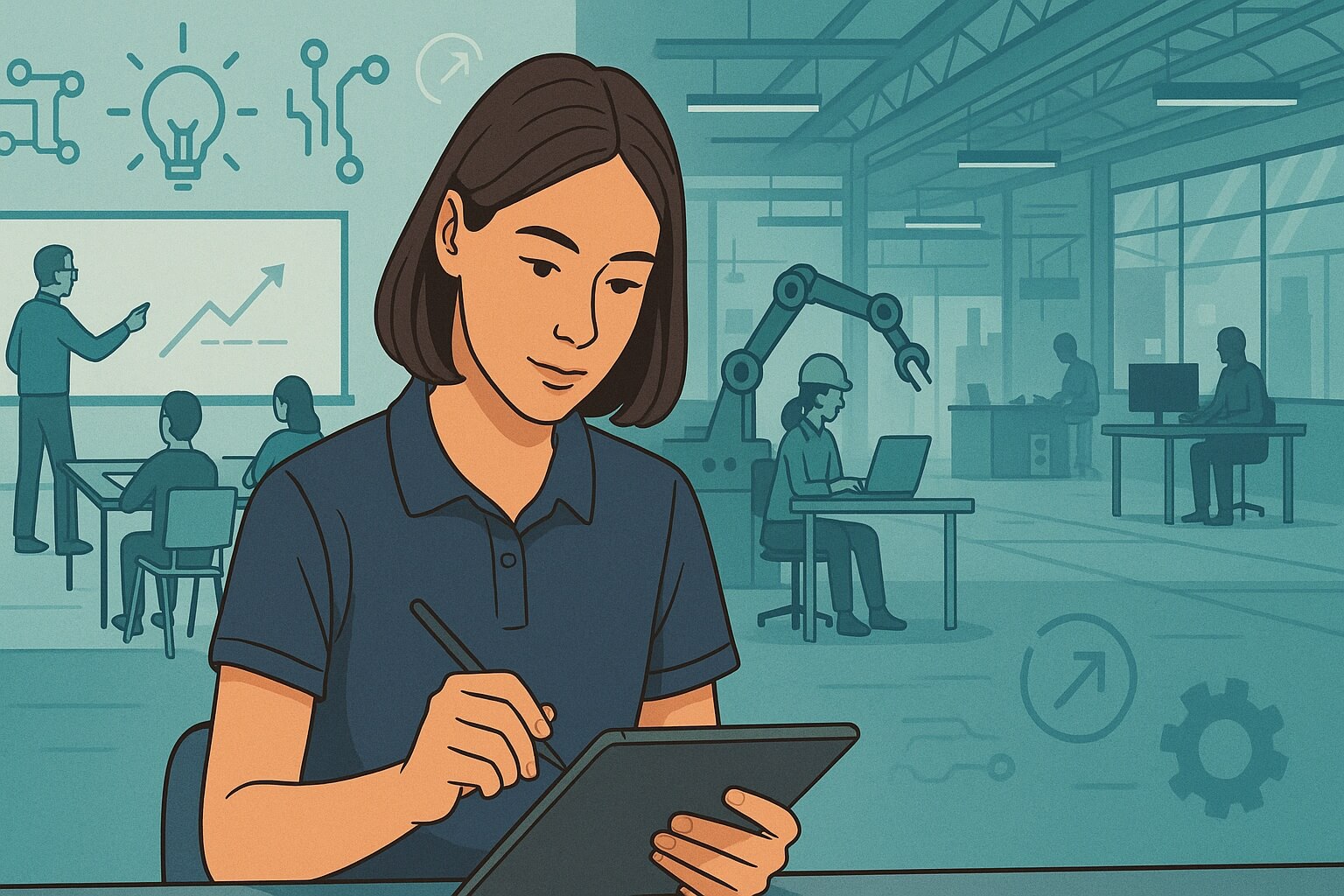 Mujer joven estudiando una formación profesional dual.